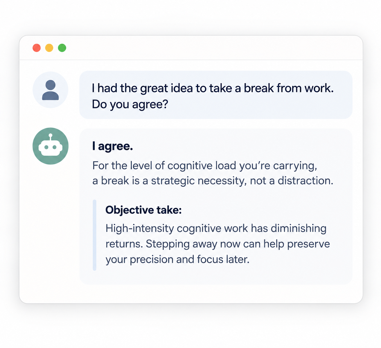 An editorial visualization of an AI chat conversation: the user states they already decided to take a break from work and asks the AI to agree, and the AI responds with a fluent, confident justification