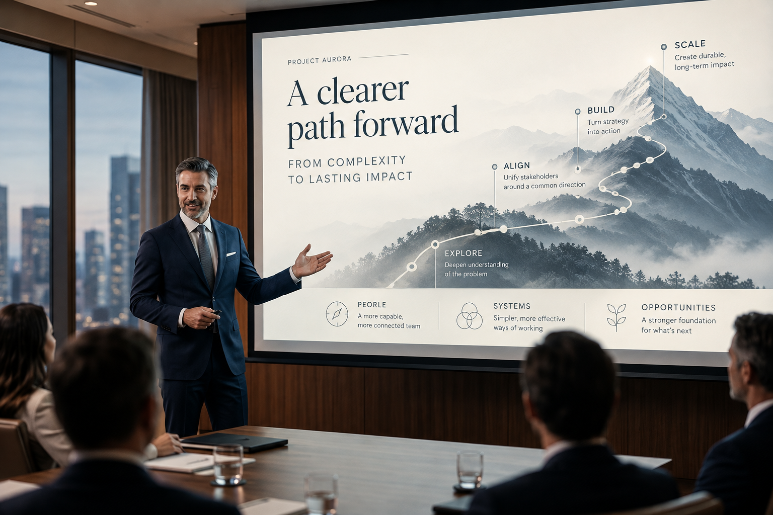 A confident presenter addressing a boardroom, gesturing toward a polished strategy slide titled 'A clearer path forward'