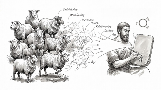 A flock of sheep, each with distinct qualities, being reduced by a scribe into a simplified recorded tally